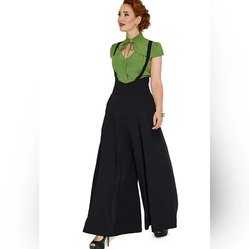 Voodoo Vixen Black Pleated Wide Leg Suspender Pants Women's Size Large - Picture 1 of 4